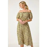 Roman Women's Petite Ditsy Print Bardot Midi Dress in Khaki | Size: 18