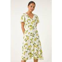Roman Women's Petite Lemon Print Button Tea Dress in Ivory | Size: 18