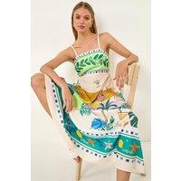 Roman Women's Beach Print Strappy Midi Dress in Ivory | Size: 18