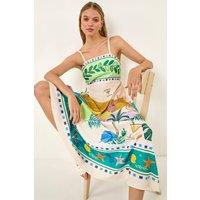 Roman Women's Beach Print Strappy Midi Dress in Ivory | Size: 16