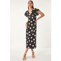Roman Women's Floral Print Frill Midi Dress in Black | Size: 12