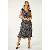 Roman Women's Petite Spot Print Bow Midi Dress in Black | Size: 14