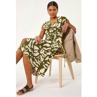 Roman Women's Geometric Buttoned Midi Dress in Khaki | Size: 20