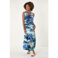 Roman Women's Abstract Linen Mix Midi Dress in Blue | Size: 18