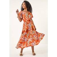 Roman Women's Petite Leaf Print Shirred Midi Dress in Orange | Size: 14