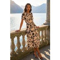 Roman Women's Floral Print Pleat Neck Midi Dress in Cream | Size: 20