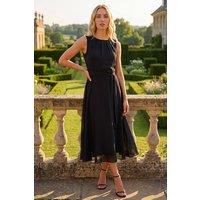 Roman Women's Chiffon Pleated Neck Midi Dress in Black | Size: 12