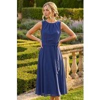 Roman Women's Chiffon Pleated Neck Midi Dress in Navy | Size: 16