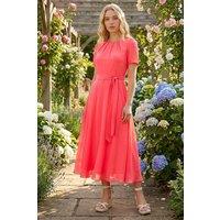 Roman Women's Pleat Chiffon Belted Midi Dress in Coral | Size: 12