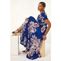Roman Women's Leaf Print Shirred Maxi Dress in Blue | Size: 10