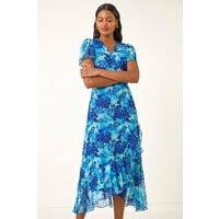 Roman Women's Floral Frill Mesh Stretch Dress in Blue | Size: 12