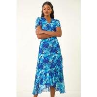 Roman Women's Floral Frill Mesh Stretch Dress in Blue | Size: 10