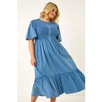 Roman Women's Curve Denim Shirred Midi Dress in Blue | Size: 30-32