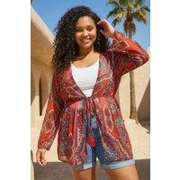 Roman Women's Curve Paisley Tie Front Kimono in Red | Size: 22-24