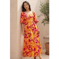 Roman Women's Petite Floral Puff Sleeve Tiered Dress in Orange | Size: 14