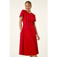 Roman Women's Petite Button Stretch Midi Dress in Red | Size: 14