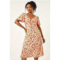 Roman Women's Petite Floral Ruched Midi Dress in Orange | Size: 12