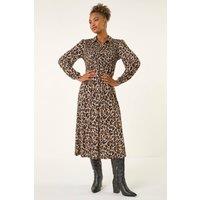 Roman Women's Animal Print Shirred Midi Dress in Tan | Size: 20
