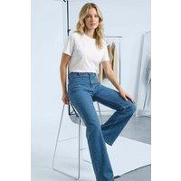 Dusk Women's Front Pocket Bootcut Jeans in Mid Blue | Size: 20