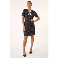 Roman Women's Petite Polka Dot Knit Dress in Black | Size: 14