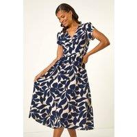 Roman Women's Leaf Print V-Neck Midi Dress in Navy | Size: 18