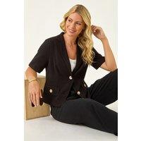 Roman Women's Petite Linen Mix Buttoned Jacket in Black | Size: 16