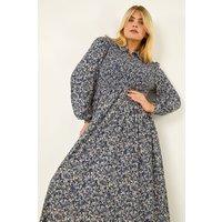 Roman Women's Curve Abstract Print Shirred Midi Dress in Blue | Size: 22-24