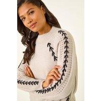 Roman Women's Blanket Stitch Knit Jumper in Beige | Size: 16