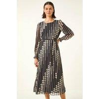 Roman Women's Spot Print Shirred Midi Dress in Black | Size: 12