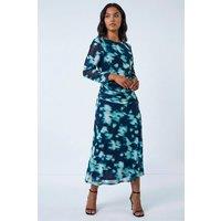 Roman Women's Petite Print Mesh Ruched Midi Dress in Teal | Size: 16