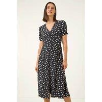 Roman Women's Polka Dot Ruched Sleeve Midi Dress in Black | Size: 12
