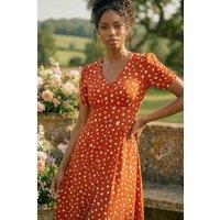 Roman Women's Polka Dot Ruched Sleeve Midi Dress in Orange | Size: 16