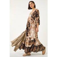 Roman Women's Boho Border Print Maxi Dress in Tan | Size: 14