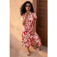 Roman Women's Leaf Print Belted Midi Shirt Dress in Red | Size: 18