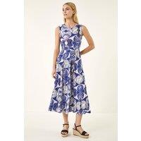 Roman Women's Abstract Print Midi Dress in Blue | Size: 18