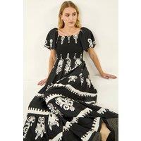 Roman Women's Border Print Shirred Maxi Dress in Black | Size: 14
