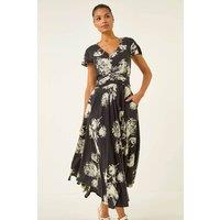 Roman Women's Floral Print Ruched Midi Dress in Black | Size: 10