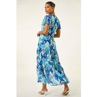 Roman Women's Floral Tiered Tie Waist Dress in Blue | Size: 10
