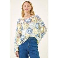Roman Women's Floral Crochet Knit Top in Light Blue | Size: Medium
