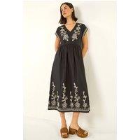 Roman Women's Embroidered V-Neck Midi Dress in Black | Size: 10