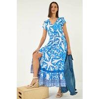 Roman Women's Border Print Button Dress in Blue | Size: 10