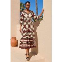 Roman Women's Petite Abstract Print V-Neck Midi Dress in Natural | Size: 14