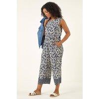 Roman Women's Petite Printed Cropped Jumpsuit in Blue | Size: 14