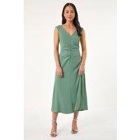 Roman Women's Petite V-Neck Ruched Stretch Midi Dress in Pale Green | Size: 12