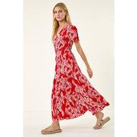 Roman Women's Leaf Print Shirred Maxi Dress in Red | Size: 10