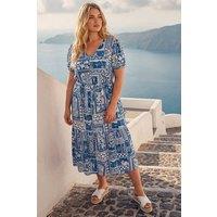 Roman Women's Curve Postcard Print Midi Dress in Blue | Size: 16