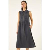Roman Women's Collared Front Zip Midi Dress in Black | Size: 10
