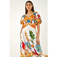 Roman Women's Floral Border Ruched Midi Dress in White | Size: 12
