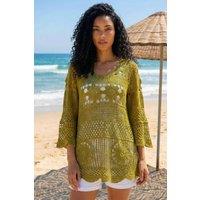 Roman Women's Floral Crochet Tunic Top in Khaki | Size: 18