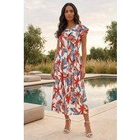 Roman Women's Leaf Print Belted Midi Dress in White | Size: 18